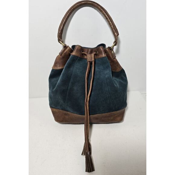 Anabaglish Suede/Leather Drawstring Hobo Shoulder Bag Purse Teal with Brown Trim - Picture 1 of 15